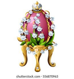 A souvenir in the form of egg on a gold stand with with flowers of Lily of the valley isolated on white background. Vector illustration.