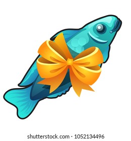 A souvenir in the form of fish tied with orange ribbon bow isolated on white background. Vector cartoon close-up illustration.