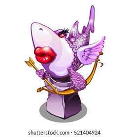 A souvenir in the form of a shark in love, inspired by love, isolated on white background. Statuette in the form of cartoon fish encrusted with precious stones. Vector illustration.