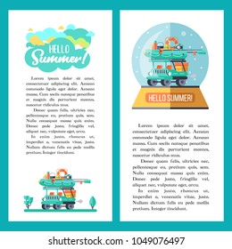 A souvenir in a glass ball. Camping. A trip to the country by car.  Summer outdoor recreation. Stay in a tent, fishing, outdoor games. Mountain landscape. Vector illustration.