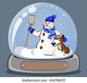 souvenir glass ball with a kind snowman and a symbol of new year dog