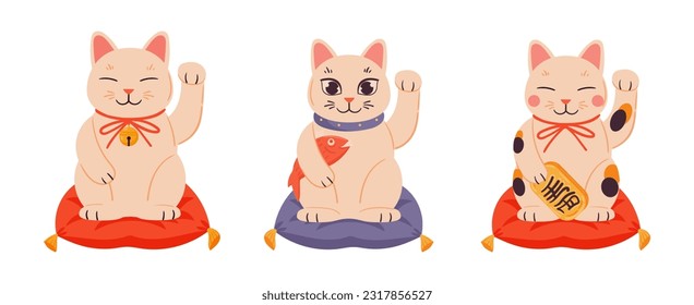 Souvenir lucky cats. Lucky oriental kittens, Japanese asian fortune traditional cats flat vector illustrations set