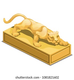Souvenir made of gold in the style of a statue of a sneaking lioness isolated on a white background. Vector cartoon close-up illustration.