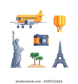 Souvenir magnet pixel art icons set.  Famous tourist attractions. Architectural buildings. Vacation time. Isolated vector illustration. Design for logo, sticker and mobile app.