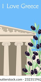 Souvenir postcard with ancient Greek temple and olive tree on blue sky background. Traditional vector illustration for card, poster, print.