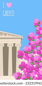 Souvenir postcard with ancient Greek temple and bougainvillea on blue sky background. Traditional vector illustration for card, poster, print. svg