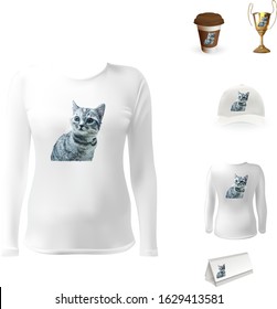 souvenir product print template t-shirt cup cap calendar funny gray cat illustration isolated vector