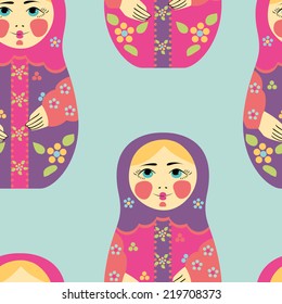 Souvenir russian Masha doll pattern isolated. Background seamless texture with folk template from Russia.