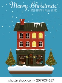 Souvenir shop. Decorated retro building with a shop on the ground floor. Winter house. Flat vector illustration.