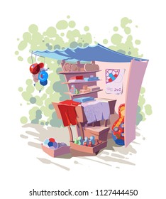 Souvenir shop in Russia with soccer balls. Illustration