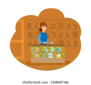 Souvenir shop with toys and items, gifts from vacation. Shelf with cup and watch clock, market with trivia, camel and elephant statue isolated. Vector illustration in flat cartoon style