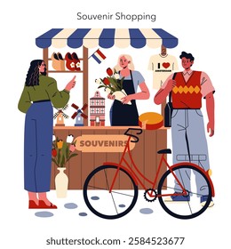 Souvenir Shopping concept. A lively market scene captures the essence of European exploration and culture. People engage in friendly exchanges while discovering local crafts, food, and mementos