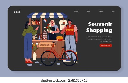 Souvenir Shopping illustration. A vibrant market scene featuring a cheerful vendor and customers engaging in shopping. This illustration captures the essence of travel souvenirs, showcasing local