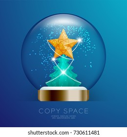 Souvenir Snowball Glass glitter inside have Golden Star with pattern and Christmas tree set illustration isolated on blue gradient background, with copy space