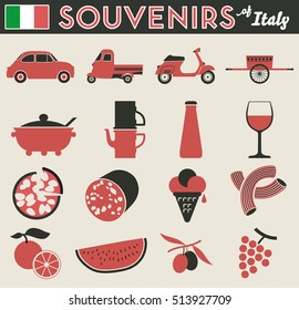 Souvenirs of italy. 16 flat simple pictogram of peculiar items