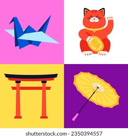 Souvenirs de Japón - conjunto de ilustraciones coloridas de diseño plano. Imágenes de color de origami - grúa de papel, figurina de Maneki-neko, puerta Torii y paraguas tradicionales. Símbolos de la cultura oriental