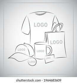 Souvenirs templates set. Promotional branding gifts empty elements. Linear drawing by hands on white.