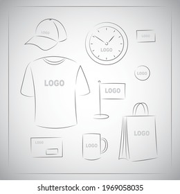 Souvenirs templates set. Promotional branding gifts empty elements. Linear drawing by hands on white background.