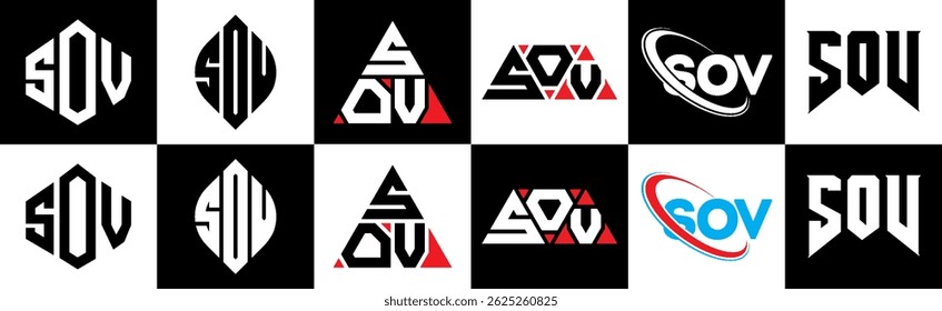 Diseño de logotipo de carta SOV en seis estilos. Polígono SOV, círculo, triángulo, hexágono, estilo plano y simple con logo de letra de variación de color blanco y negro en una mesa de trabajo. Logotipo minimalista y clásico de SOV