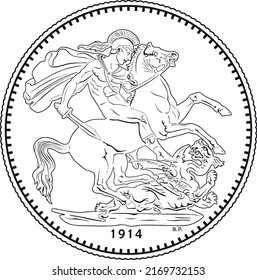 sovereign gold coin man and horse fighting dragon handmade line art design