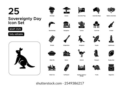 Sovereignty Day Glyph Icon Set: Historical Events, Indigenous Heritage, and Cultural Recognition Icons