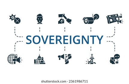Sovereignty set. Creative icons: prohibited, mute people, revolt, surveillance, free press, free media, politics, propaganda, police brutality, freedom of thought.