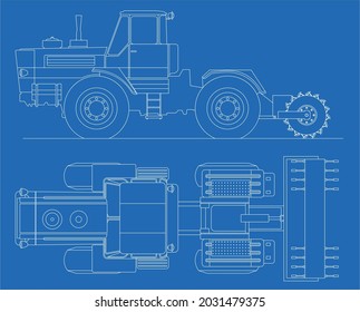 Soviet agricultural tractor on a blue background with white lines. Top and side view