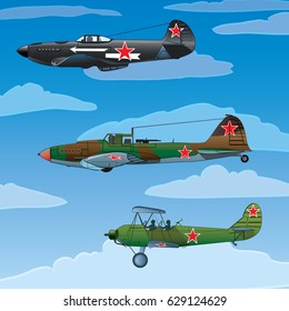 Soviet aircraft of World War II in flight. Vector illustration