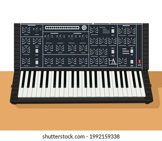Soviet analog synthesizer, vector illustration. Monophonic machine. Legendary ancient rare musical instrument. Warm bold sound. Electronic music theme. A picture to be applied to a T-shirt.