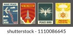 Soviet anti war, peaceful propaganda vector vintage posters. Illustration of peace bird, rocket to moon
