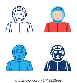 Soviet astronaut icon set in flat and line style. Cosmonaut from USSR in space suit. Vector illustration.