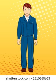 Sowjetischer Junge, Schüler in Schuluniform, Kleidung. Pop-Art-Hintergrund. Nachahmung von Comics-Stil. Vektorgrafik.
