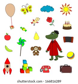 Soviet cartoon characters and child's celebrate`s toys