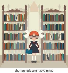 Soviet cartoon schoolgirl in library. Flat vector illustration. EPS 10.
