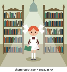 Soviet cartoon schoolgirl in library. Soviet schoolgirl in school uniform.  Simple flat vector.