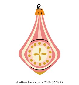 A Soviet Christmas tree toy. An elongated pink drop like a candy with an imitation dial, a glass toy. Cute illustration in vintage colors. Festive decor items for New Year and Christmas to hang