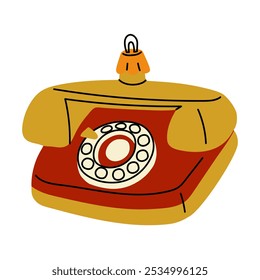 Soviet Christmas tree toy. A glass toy in the form of a red disk phone. Cute illustration in vintage colors. Festive decor items for New Year and Christmas holidays that can be hung on the Christmas