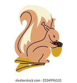 Soviet Christmas tree toy. A glass toy in the form of a squirrel with an acorn on a clip. Cute illustration in vintage colors. Festive decor items for New Year and Christmas holidays that can be hung