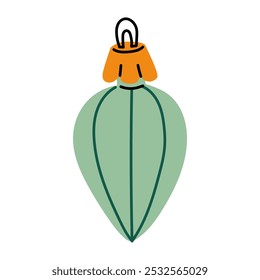 A Soviet Christmas tree toy. A green icicle drop with stripes along it, a glass toy. Cute illustration in vintage colors. Festive decor items for New Year and Christmas to hang on the Christmas tree