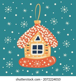 Soviet Christmas tree toy house and snowflakes. Happy New Year.