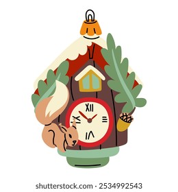 Soviet Christmas tree toy. A house with a clock and a walking squirrel with an acorn, a glass toy. Cute illustration in vintage colors. Festive decorations for New Year and Christmas that can be hung