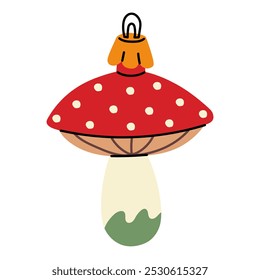A Soviet Christmas tree toy. Mushroom fly agaric with a bright red cap and a leg. Cute illustration in vintage colors. New Year, Christmas elements. An isolated object is hanging on the Christmas tree