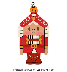 A Soviet Christmas tree toy. The Nutcracker in a red suit,, a glass toy. Cute illustration in vintage colors. Festive decorations for New Year and Christmas that can be hung on the Christmas tree