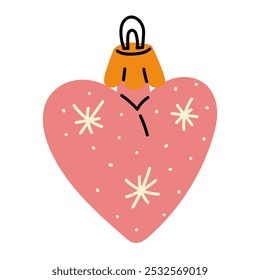 A Soviet Christmas tree toy. Pink heart, a glass toy decorated with white snowflakes. Cute illustration in vintage colors. Elements of the New Year and Christmas. separate item hanging on the tree