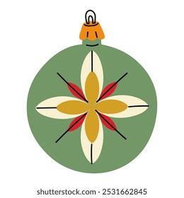 Juguete soviético del árbol de Navidad. Una bola redonda con una Grande flor, un juguete de vidrio coloreado. Linda ilustración en colores vintage. Año Nuevo, Elementos de Navidades. Un objeto aislado está colgando en el árbol de Navidad