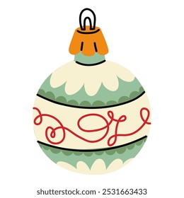 A Soviet Christmas tree toy. A round ball with lines, a glass colored toy. Cute illustration in vintage colors. New Year, Christmas elements. An isolated object is hanging on the Christmas tree