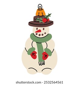 A Soviet Christmas tree toy. A snowman in a hat, scarf, mittens, a glass toy. Cute illustration in vintage colors. Festive decor items for New Year and Christmas to hang on the Christmas tree