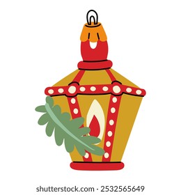 A Soviet Christmas tree toy. A yellow street lamp with a fir branch, a glass toy. Cute illustration in vintage colors. Festive decor items for New Year and Christmas to hang on the Christmas tree