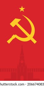 Soviet coat of arms, hammer and sickle. The emblem of the USSR, the symbol of communism. Yellow sign on a red background, vector image.
