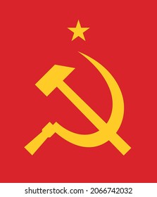 Soviet coat of arms, hammer and sickle. The emblem of the USSR, the symbol of communism. Yellow sign on a red background, vector image.